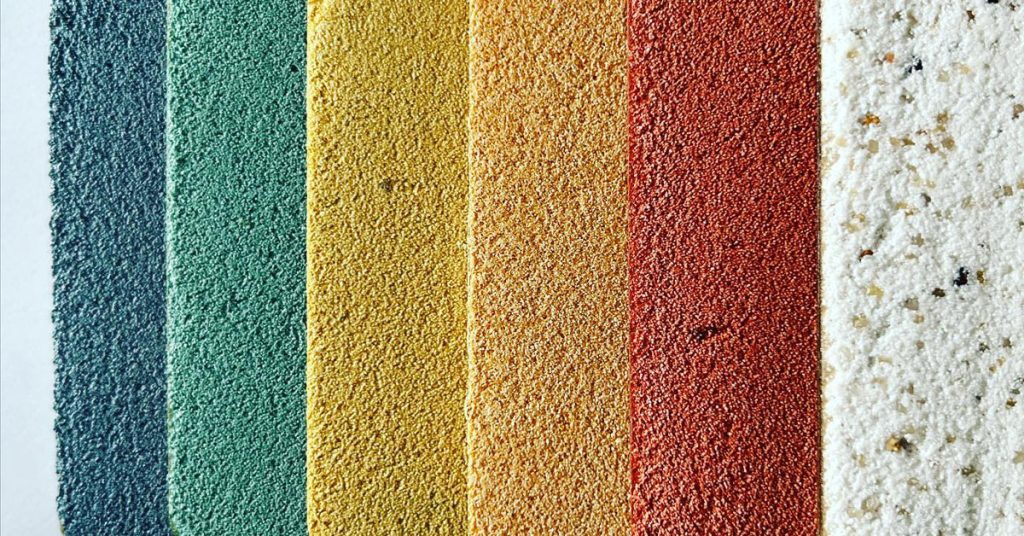 Colorful textured plaster wall finish samples in blue, green, yellow, orange, red, and white, arranged vertically on a neutral background