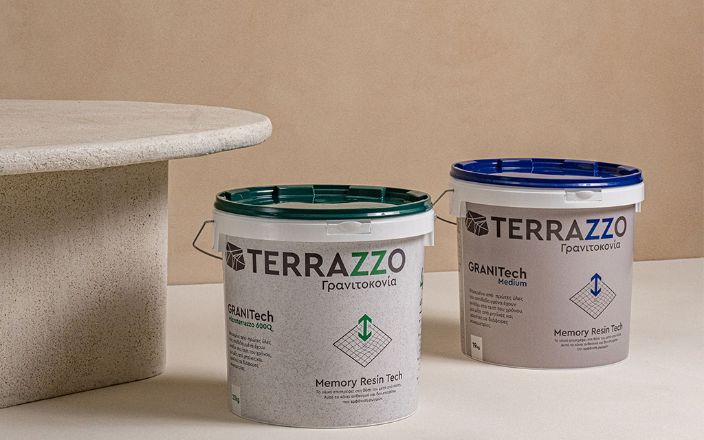 Terrazzo GraniTech Memory Resin Tech buckets showing advanced plaster solution that prevents cracking and eliminates traditional plaster problems