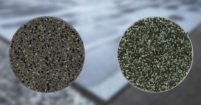 Terrazzo GraniTech Monolith aggregate color samples showing charcoal and green stone options for permeable resin surfacing