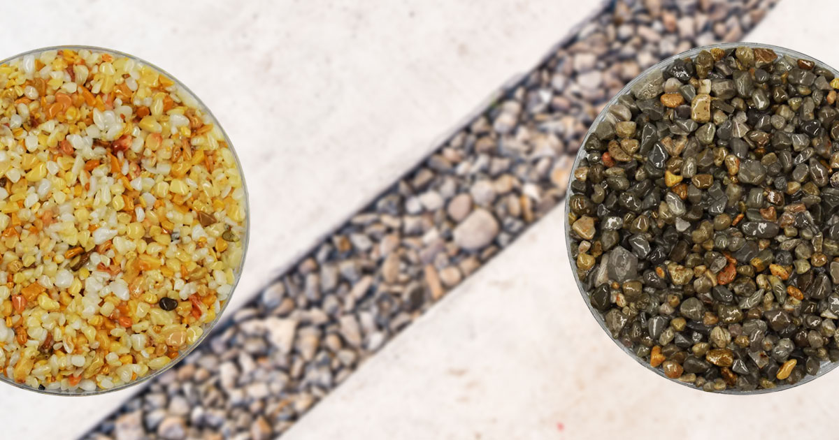 Gravel binder aggregate samples showing light and dark stone options for driveways