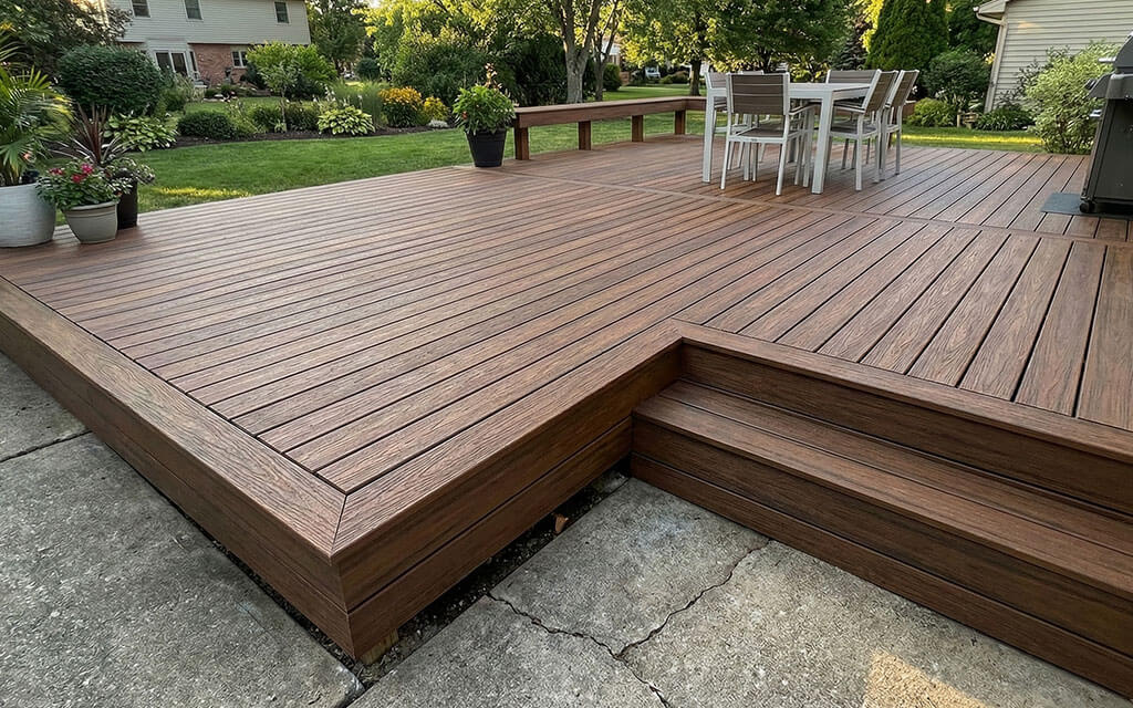 Composite deck installed over existing concrete showing elevated patio alternative