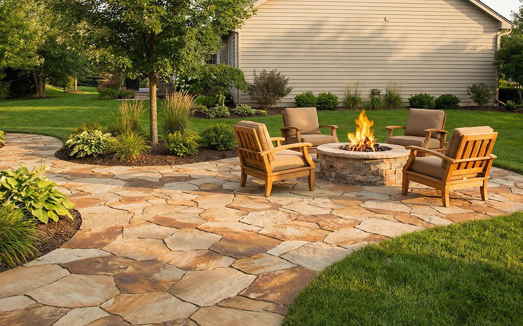 Flagstone natural stone patio with irregular pattern showing premium concrete alternative