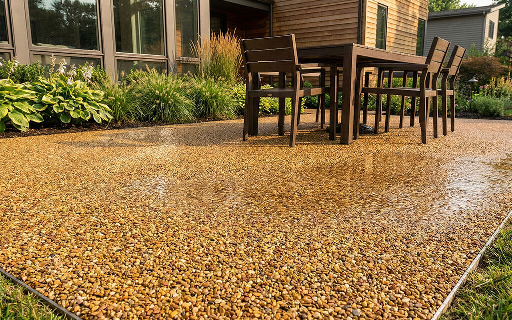 Resin stone patio showing permeable UV resistant alternative to concrete and epoxy systems