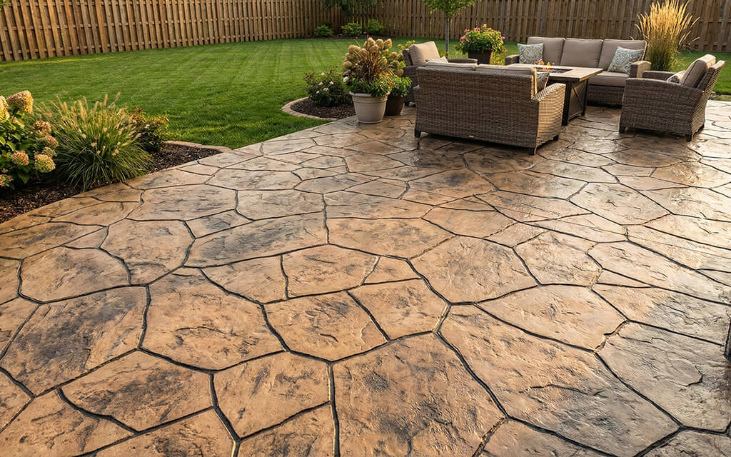 Stamped concrete patio with natural stone pattern showing cost effective decorative alternative