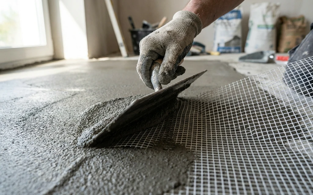 Embedding Fiberglass Mesh Into a Wet Microcement Base Coat Gloved installer pressing fiberglass mesh for microcement into a wet base coat with a steel trowel