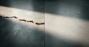 Split image of a cracked microcement floor beside an intact one with fiberglass mesh visible beneath