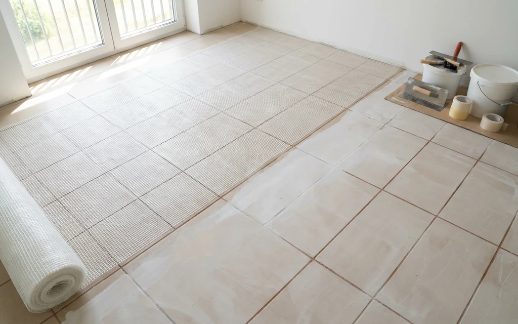 Fiberglass Mesh for Microcement Over an Existing Tile Floor Roll of reinforcing mesh unrolled across a primed tiled floor with grout lines visible through the weave