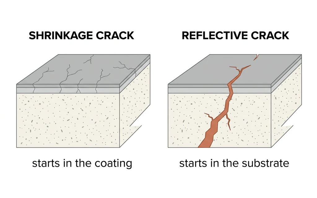 Shrinkage Crack vs Reflective Crack in Microcement - Cutaway Diagram Cutaway diagram contrasting a shrinkage crack starting in the coating with a reflective crack from the substrate