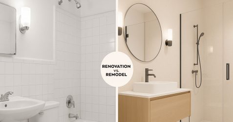 Bathroom remodel vs renovation featured image comparing traditional white tile renovation on left with modern Terrazzo GraniTech remodel on right showing seamless walls and contemporary fixtures