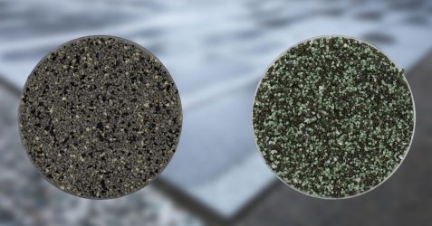 Terrazzo GraniTech Monolith aggregate color samples showing charcoal and green stone options for permeable resin surfacing